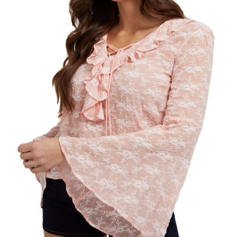 GUESS Womens Small Embroidered Floral Blouse Bell Sleeve V Neck Boho Festival